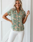 Floral Pleated Button V-Neck Short Sleeve Blouse