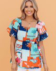 Tropical Square Neck Flutter Sleeve Babydoll Blouse