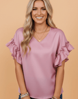 Solid Satin Ruffle Short Sleeve V-Neck Top