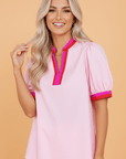Contrast Stripe V-Neck Short Puff Sleeve Blouse