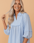 Stripe Shirt Collar V-Neck Ricrac Trim Blouse