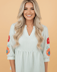 Floral Stripe Puff Sleeve Notched V-Neck Blouse