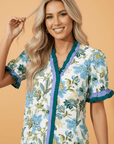 Floral Contrast Frill Stripe Trim Blouse