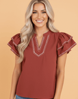 Contrast Trim Flutter Sleeve V-Neck Blouse