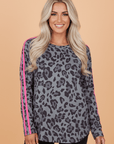 Leopard Varsity Stripe Trim Long Sleeve Top