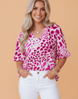 Leopard V-Neck Puffy 3/4 Sleeve Ruffle Blouse