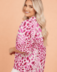 Leopard V-Neck Puffy 3/4 Sleeve Ruffle Blouse