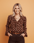 Polka Dot Ruffle Trim V-Neck Bell Sleeve Blouse