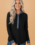 Ribbed Knit Contrast Denim Patchwork Hooded Top