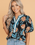 Floral Bubble Sleeve Buttoned Notch Neck Blouse