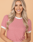 Stripe Contrast Trim Round Neck Puff Sleeve T-Shirt