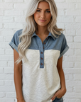 Colorblock Denim Patchwork Button Polo Top