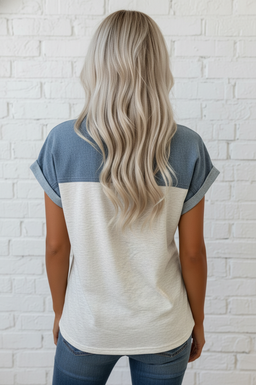 Colorblock Denim Patchwork Button Polo Top