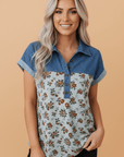 Floral Retro Denim Patchwork Buttoned Collar Top