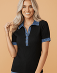 Denim Polo Collar Waffle Knit Patchwork Top