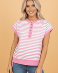Stripe Half Placket High Low Short Sleeve Top