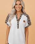 Leopard Patchwork Half Buttoned Short Sleeve Top