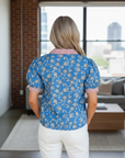 Floral Stripe Trim Button Neck Short Sleeve Blouse