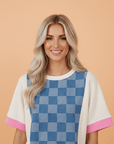 Checker Denim Patchwork Short Sleeve Loose Top