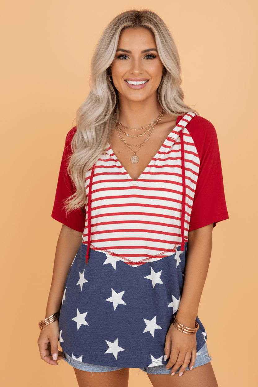 Americana Stars &amp; Stripes Drawstring Hooded T-Shirt