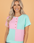 Colorblock Checker Half Button Henley T-Shirt