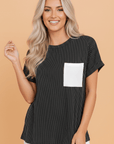 Colorblock Corded Knit Pocketed Crew Neck T-Shirt