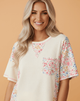 Floral Patchwork Chest Pocket Wide Sleeve T-Shirt