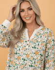 Floral Button Notch V-Neck Long Sleeve Top