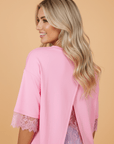 Floral Eyelash Lace Patchwork 3/4 Sleeve Tee