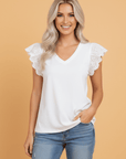Eyelet Embroidered Flutter Sleeve Patchwork V-Neck Tee