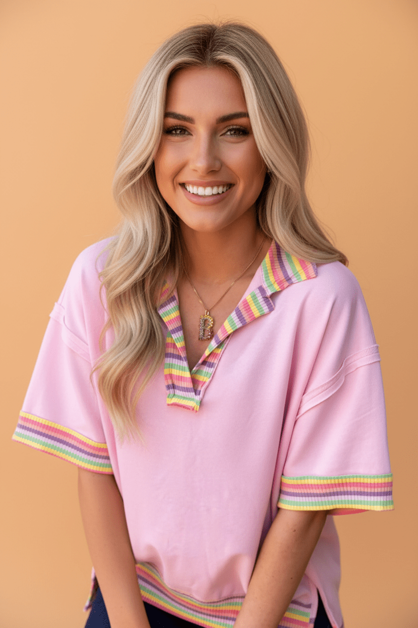 Rainbow Stripe Ribbed Patchwork Oversize Polo Tee