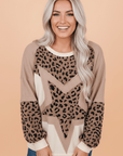 Leopard Star Colorblock Patchwork Textured Baggy Sweatshirt
