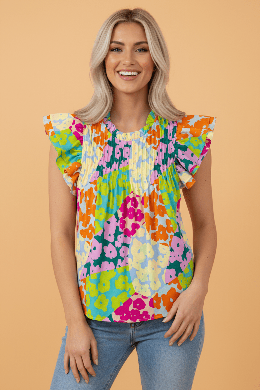 Abstract Leopard Pleated Flutter Sleeve Blouse