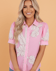 Floral Ricrac Trim Puff Sleeve Buttoned Shirt