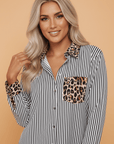 Stripe Leopard Patchwork Long Sleeve Buttoned Shirt