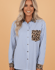Stripe Leopard Patchwork Long Sleeve Buttoned Shirt