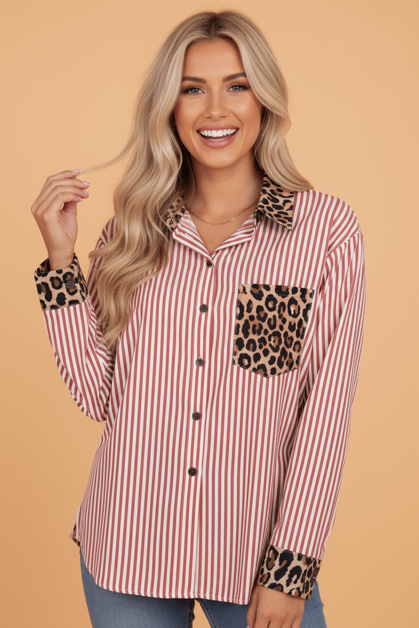Stripe Leopard Patchwork Long Sleeve Buttoned Shirt