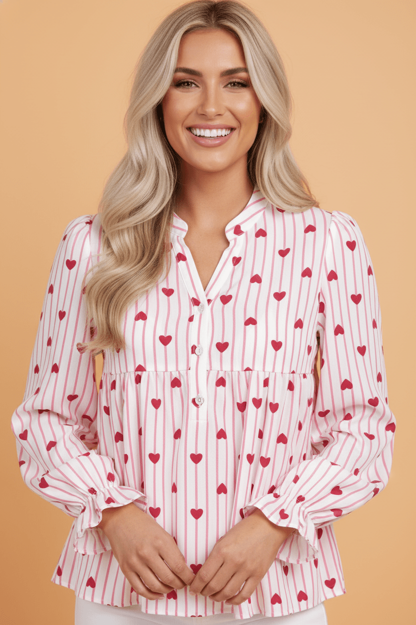 Stripe Textured Heart Flounce Sleeve Shirt