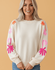 Floral Embroidered Sleeve Round Neck Loose Sweater