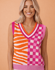 Stripe Checker Patchwork V-Neck Sweater Top