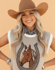 Western Horseshoe Colorblock Trim Sleeveless Sweater