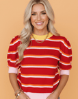 Stripe Colorblock Trim 3/4 Sleeve Sweater Top