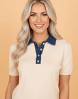 Denim Patchwork Polo Collar Short Sleeve Sweater