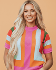 Colorblock Eyelet Short Sleeve Sweater T-Shirt