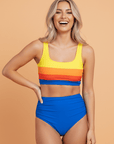 Colorblock Square Neck Top & High Waist Bikini Set