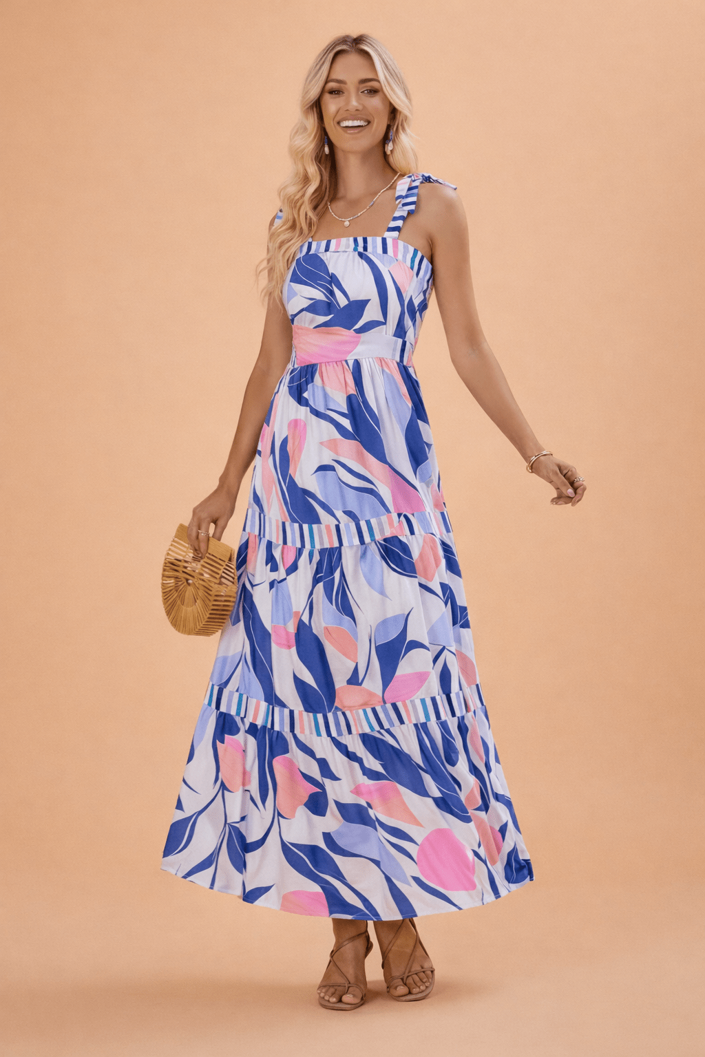 Abstract Stripe Patchwork Tie Strap Maxi Dress