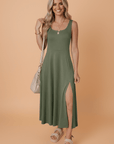 Solid Sleeveless Flared Side Slit Midi Dress