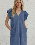 Stripe Textured Knit V-Neck Flutter Sleeve Mini Dress