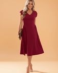 Solid V-Neck Pleated Flared Midi Dress