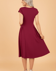 Solid V-Neck Pleated Flared Midi Dress